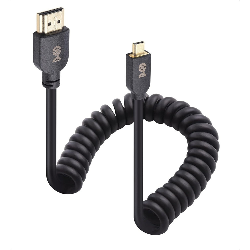 Cable Matters 8K Micro HDMI Coiled Cable front view showcasing the gold plated connectors