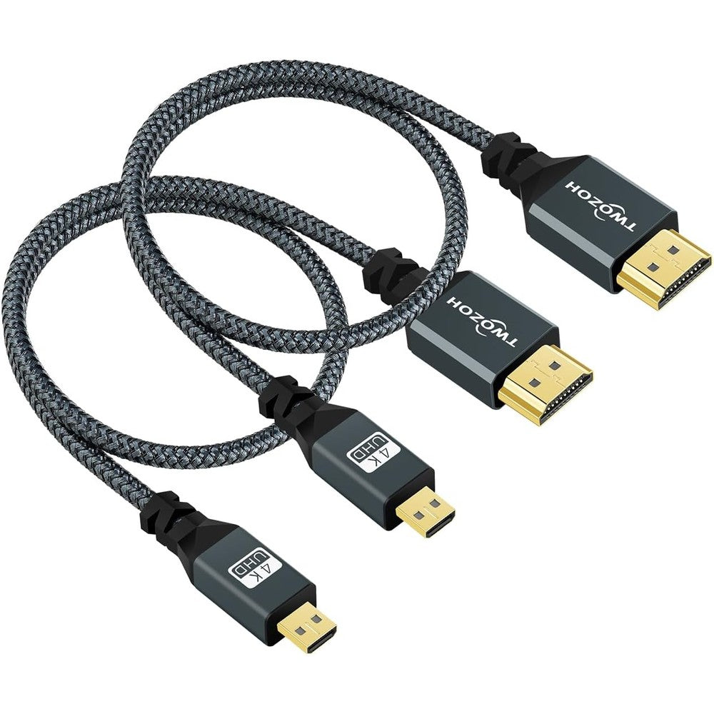 Twozoh Micro HDMI to HDMI cable 2 pack front view displaying gold plated connectors.