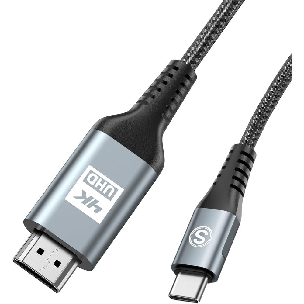Sweguard USB Type C to HDMI cable front view showing grey braided premium finish.