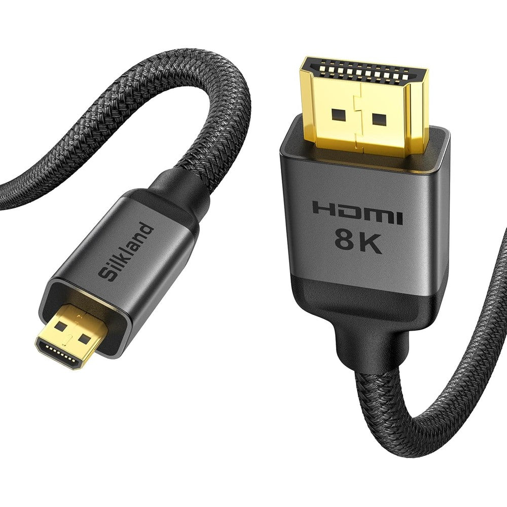 Silkland Micro HDMI to HDMI 2.1 Cable front view showing gold plated connectors