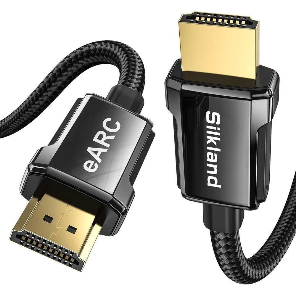 Silkland 8K HDMI 2.1 cable front view showcasing the premium gold-plated connector pins.