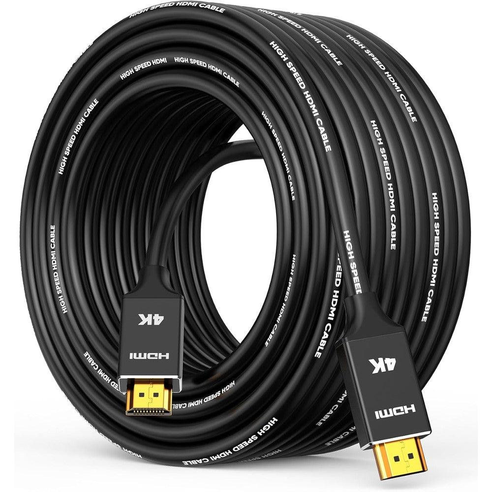 Capshi 4K long HDMI cable 50 feet front view showcasing gold plated connector pins.