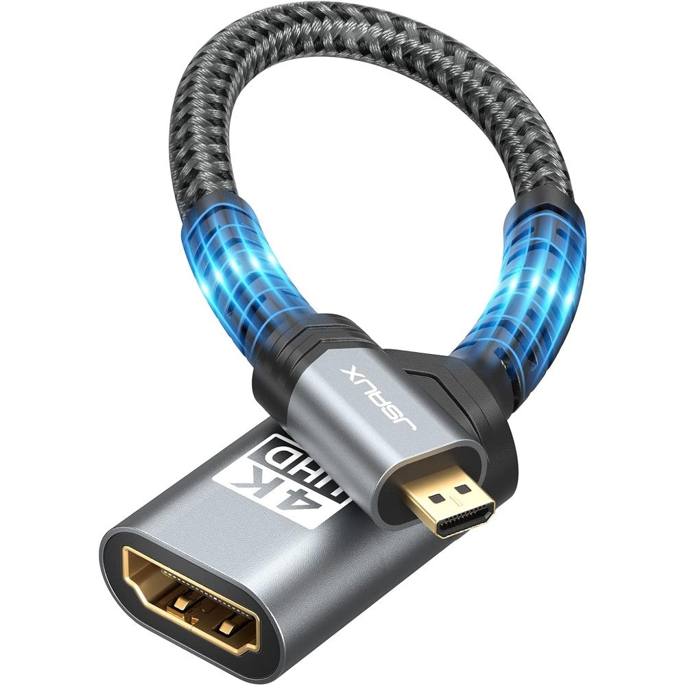 JSAUX Micro HDMI to HDMI Adapter front view displaying premium grey braided cable and gold-plated male port.