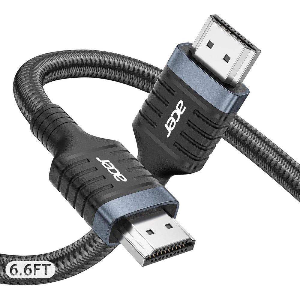 Acer 8K HDMI 2.1 ultra high speed braided cable front view highlighting premium gold plated connectors.