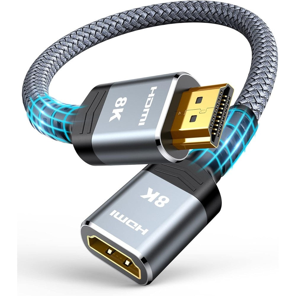 Highwings HDMI extension cable front view showing premium grey braided nylon texture.