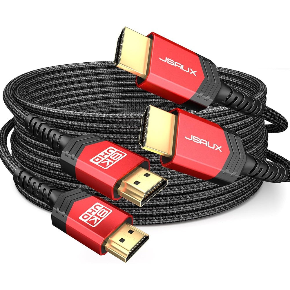 JSAUX 8K HDMI Cable 2.1 2-Pack showing two braided black and red cords from a front angle view.