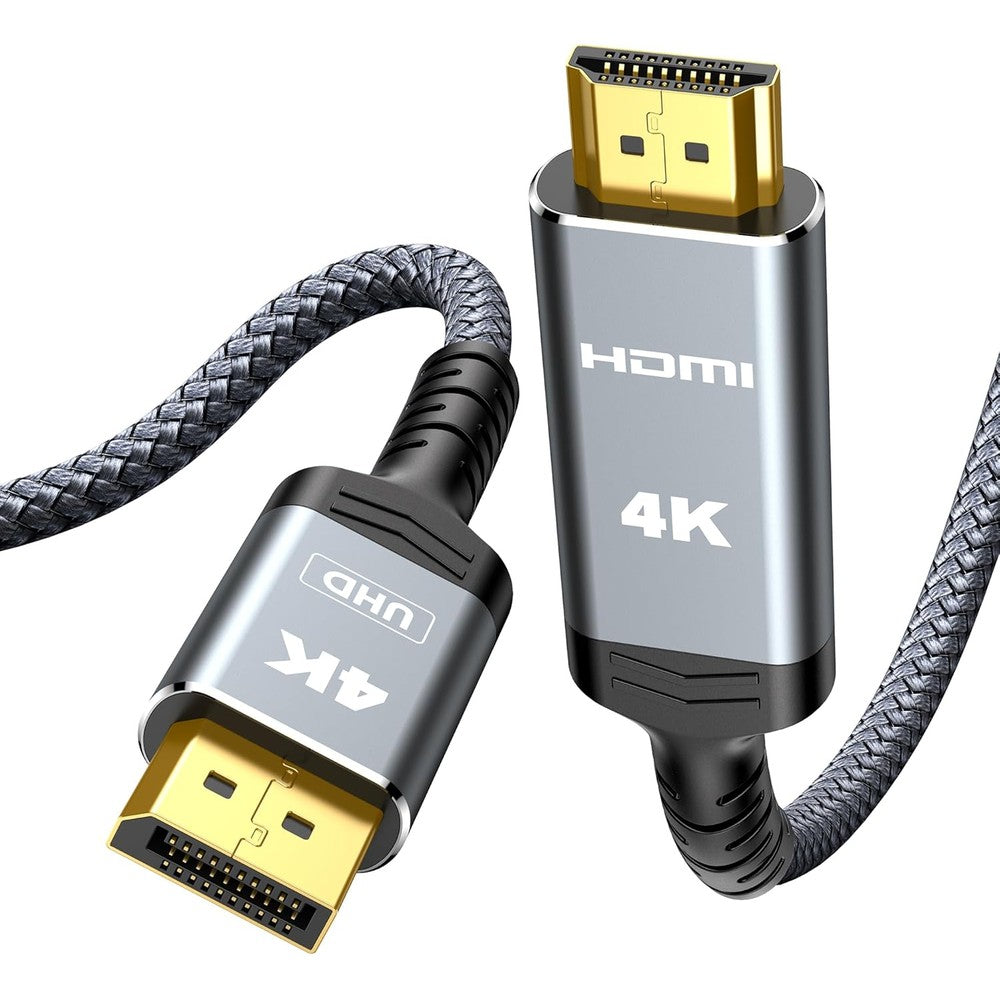 Highwings 4K DisplayPort to HDMI uni-directional cable front view showing grey braided texture.