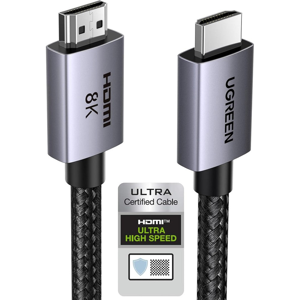 UGreen 8K HDMI 2.1 cable front view displaying the aluminum alloy connector shell and braided jacket texture.