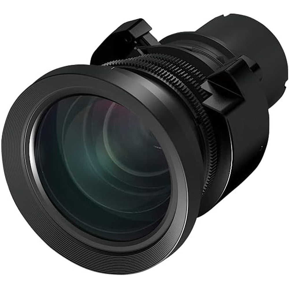 Epson ELPLU03S short throw projector lens front view showing wide diameter optical glass element