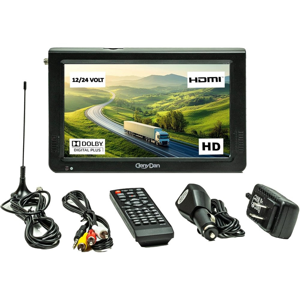 DenyDan 10 inch portable television front view showing sharp HD display screen