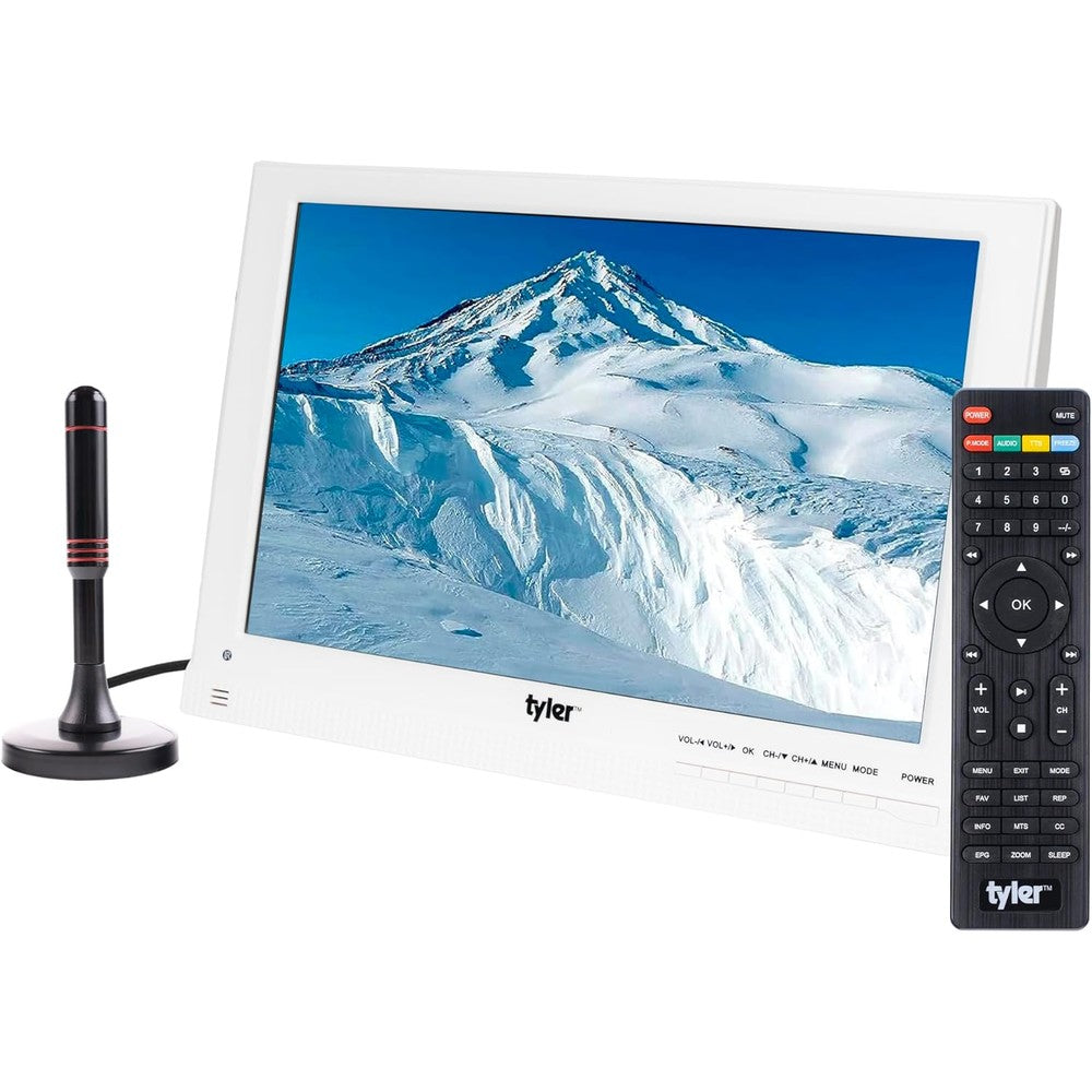 Tyler portable television front view displaying sharp landscape graphics.