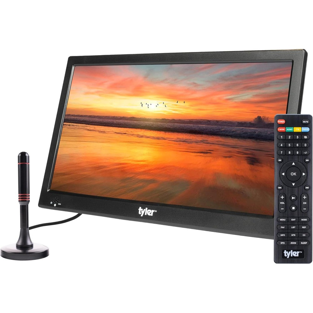 Tyler 16 Inch Portable Television front view showing the bright high definition LCD display screen with sleek black bezels.
