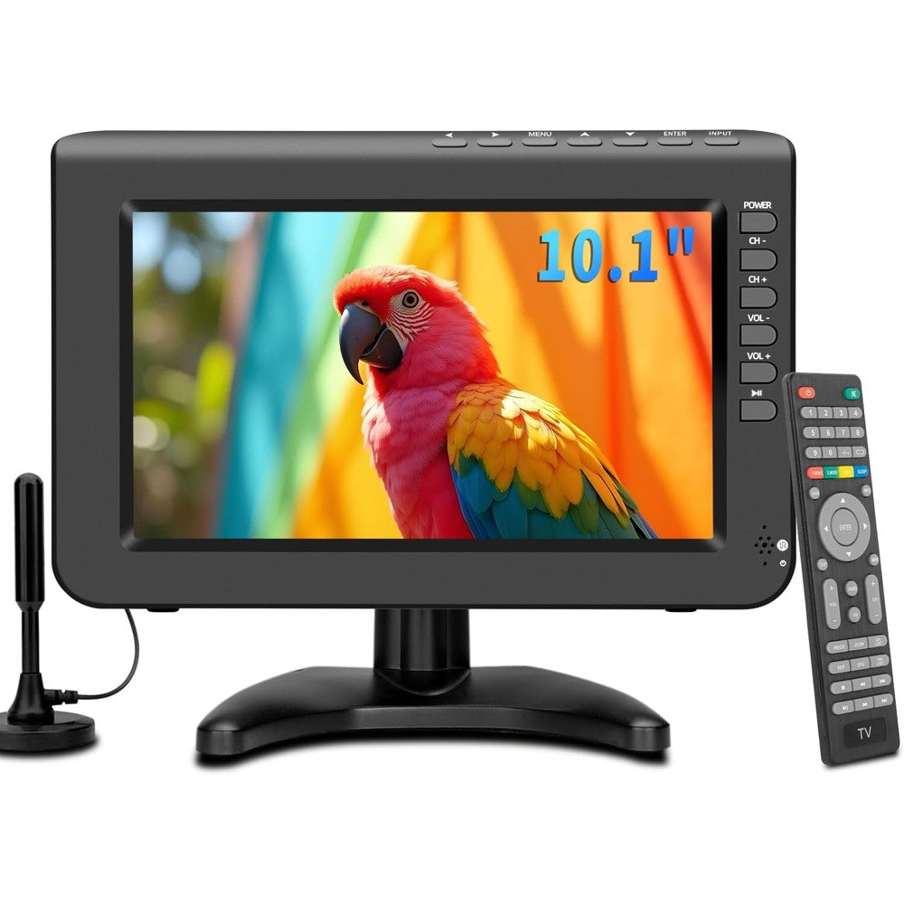 Jexiop portable television front view showing vibrant screen display and top control buttons.