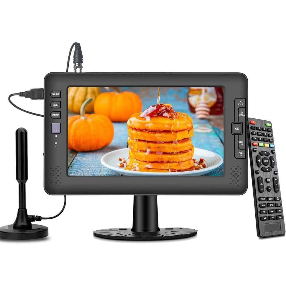 Jexiop 9 inch IPS screen portable television front view showing pumpkin pancakes display graphic on the monitor screen