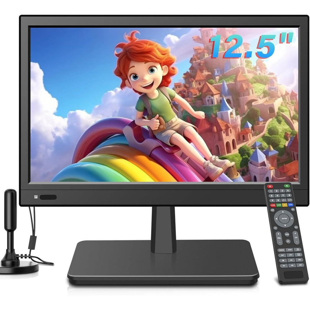 Othoig small portable TV front view showcasing the black bezel and vibrant twelve point five inch display screen