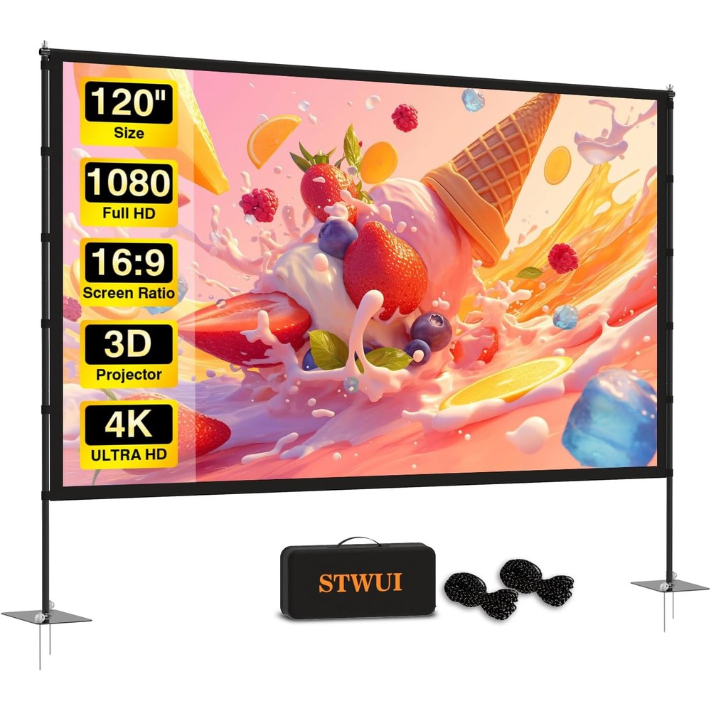 STWUI 120 inch outdoor projector screen with stand front view showing 16:9 widescreen movie layout