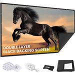 Iolieo 120 inch portable projector screen front view displaying high contrast home theater movie setup.