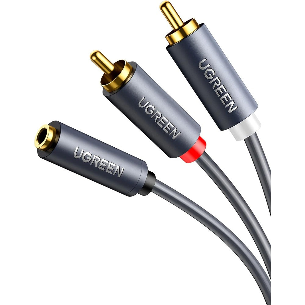 UGREEN female to two RCA male cable front view showing gold plated connectors for premium sound setup