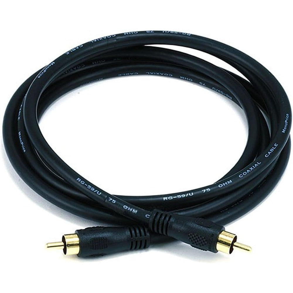 Monoprice Coaxial Audio Video RCA Cable front view showing gold-plated connectors and black jacket.