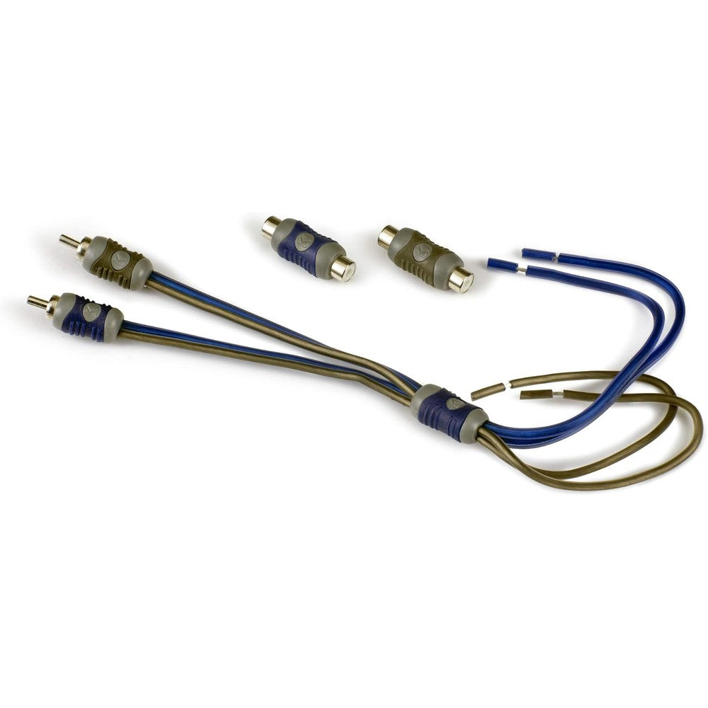 Kicker 46KISL K-Series two-channel speaker wire to RCA adapter front view showing premium gold split-pin connectors.
