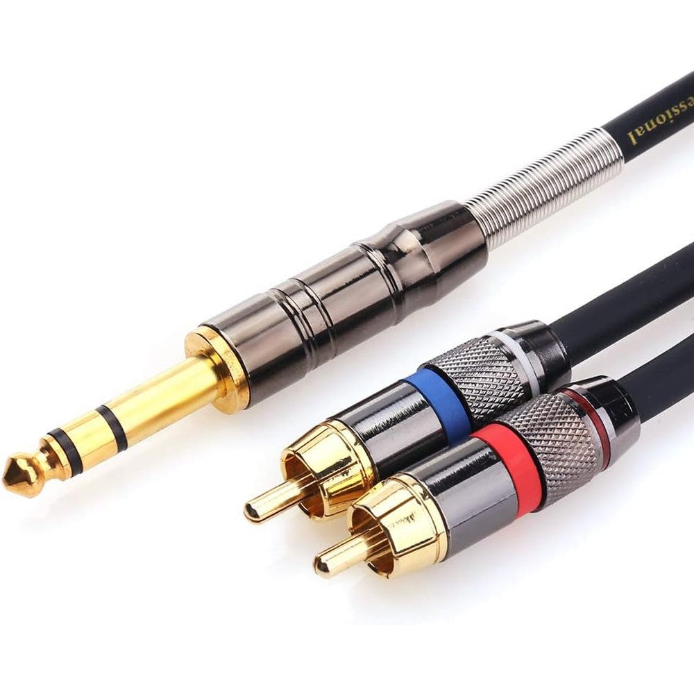 Tisino Quarter Inch TRS to Dual RCA Stereo Cable front view highlighting gold-plated connectors.