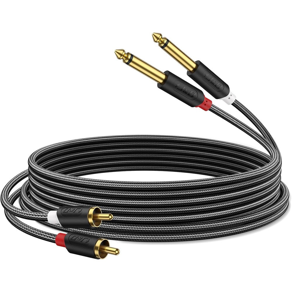 J&D dual 1/4 inch TS to RCA audio cable front view showing connectors