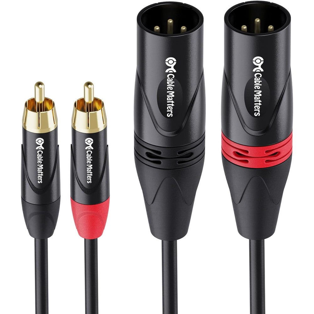 Cable Matters Dual RCA to XLR Unbalanced Interconnect Cable front view showcasing red and black connector housings