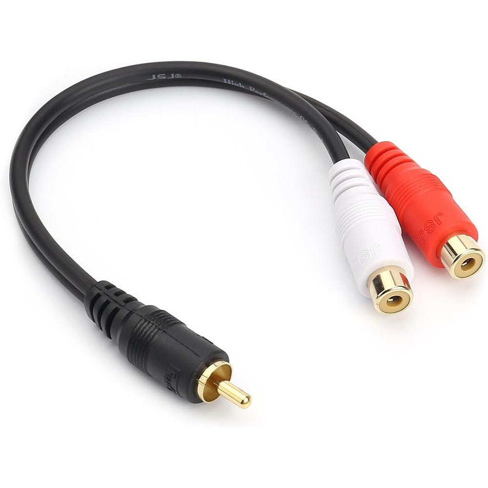 JSJ RCA male to female audio splitter cable front view showcasing the gold-plated connectors.