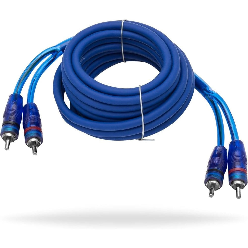 InstallGear 20ft Shielded RCA Audio Cable front view showcasing the flexible blue jacket and split-tip male connectors.