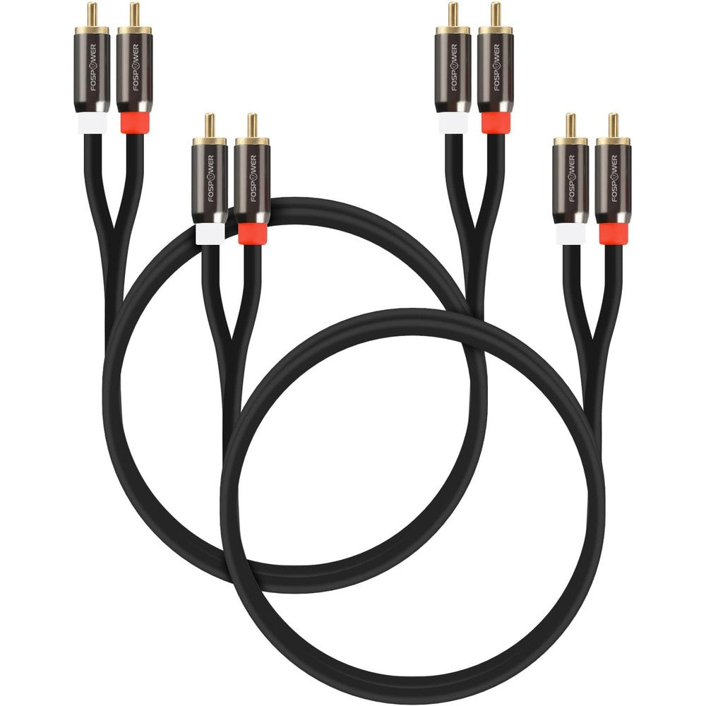 FosPower two pack premium two RCA male to male stereo audio cable front view showing gold plated plugs.