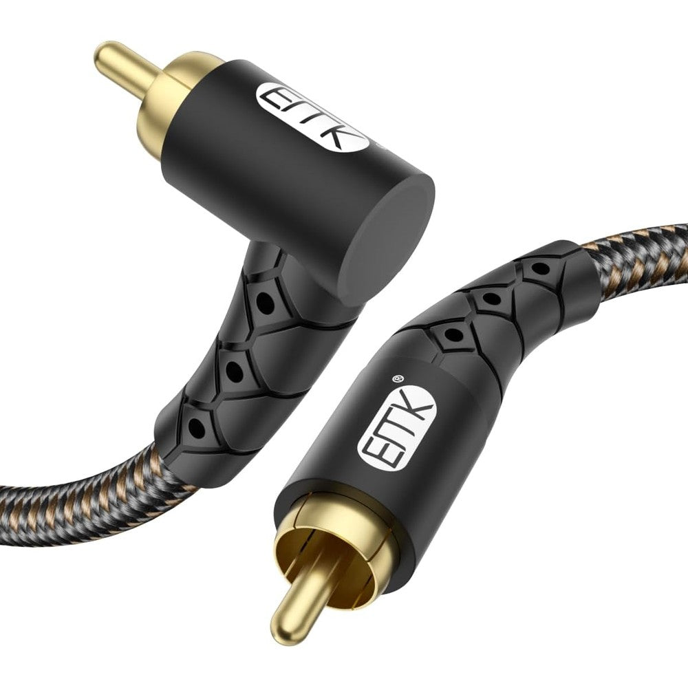 EMK 90 degree RCA subwoofer cable front view with gold plated connectors