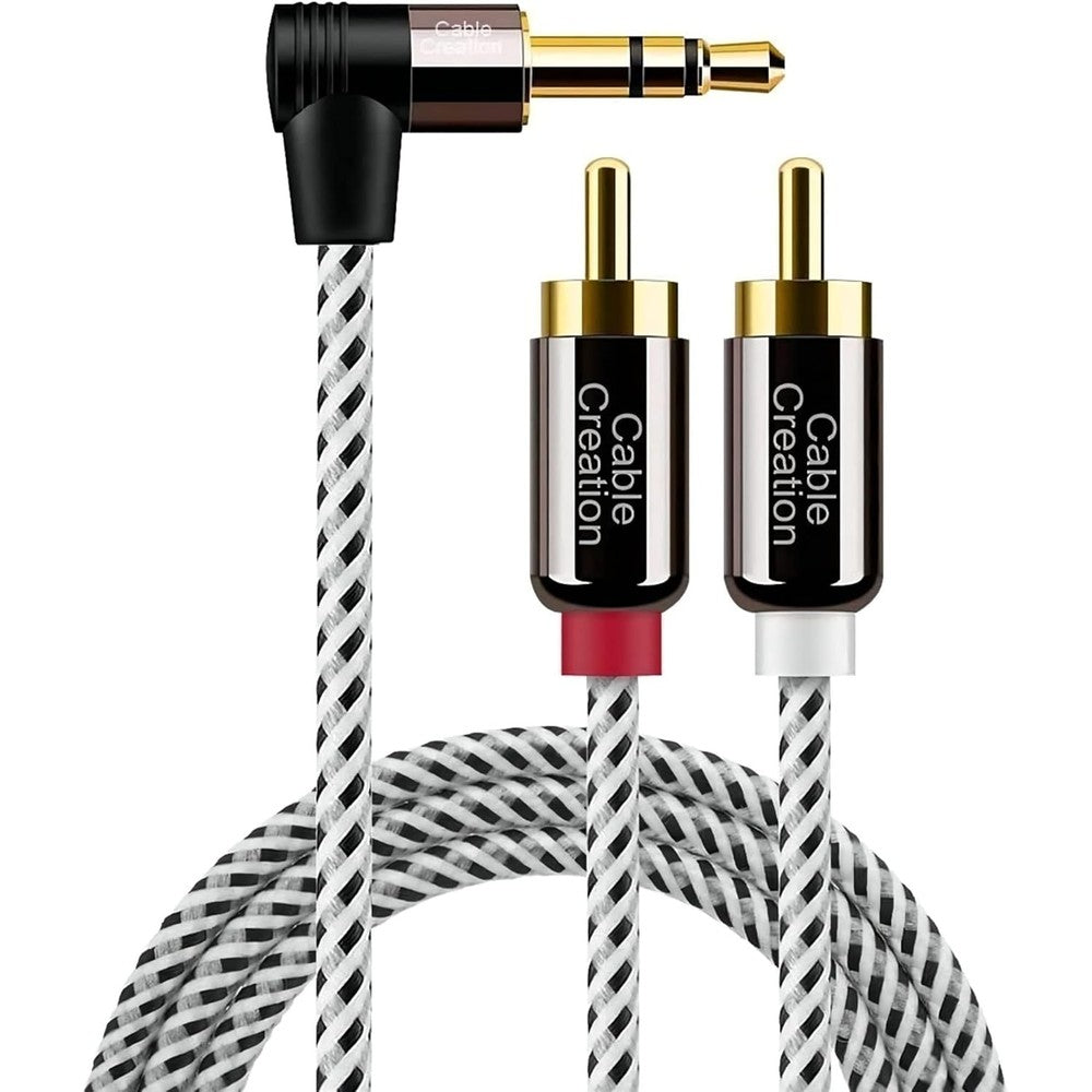 CableCreation 3.5mm to RCA audio cable front view showing the right angle plug and dual male connectors