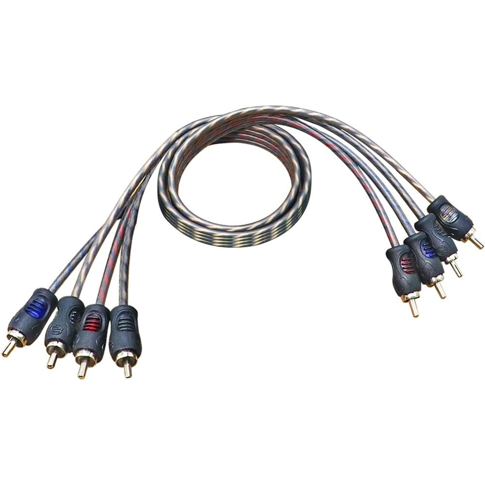 Recoil RCI43 4-channel RCA cable front view for car audio systems.