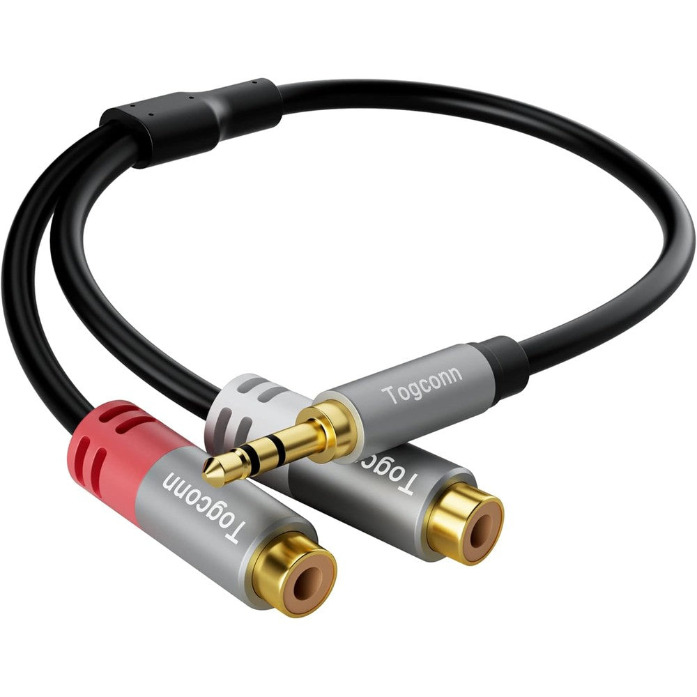Pegcabac 3.5mm to 2 RCA Y-splitter cable front view gold connectors