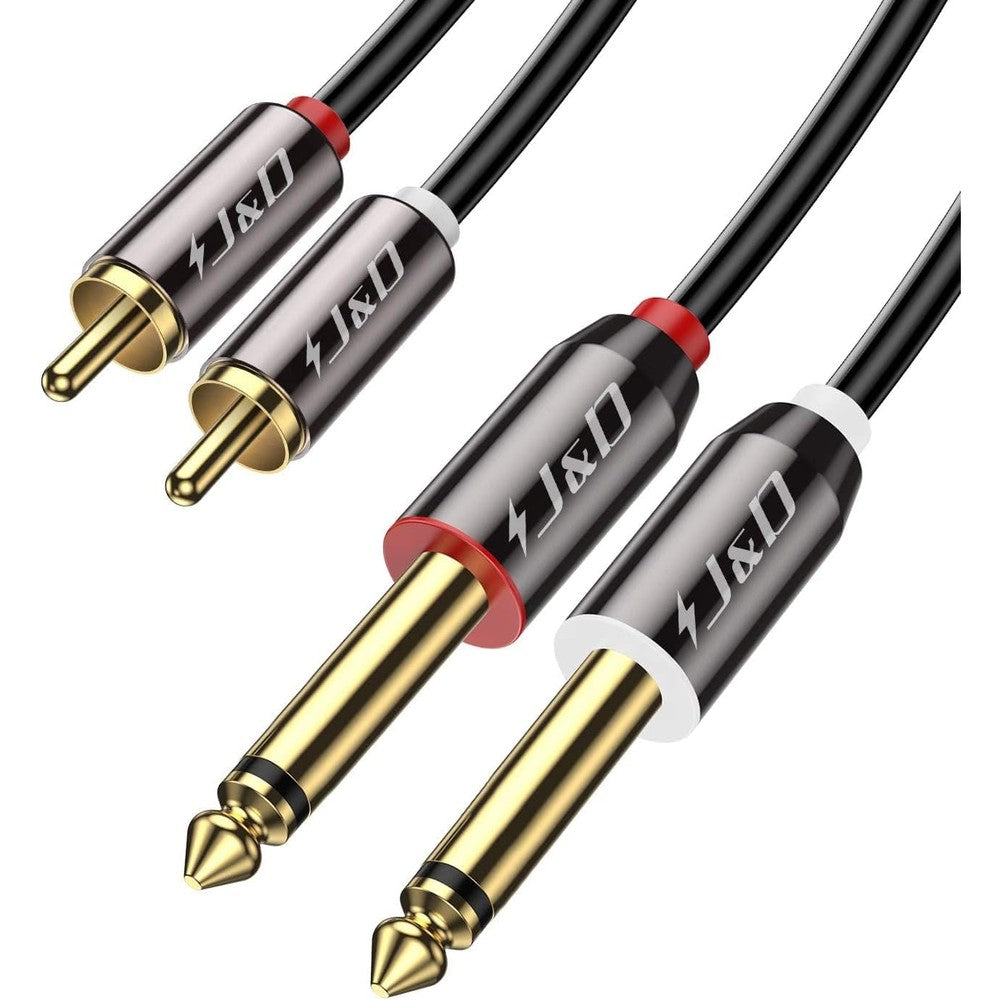 J&D dual quarter inch to dual RCA audio cable front view showcasing gold plated connectors.