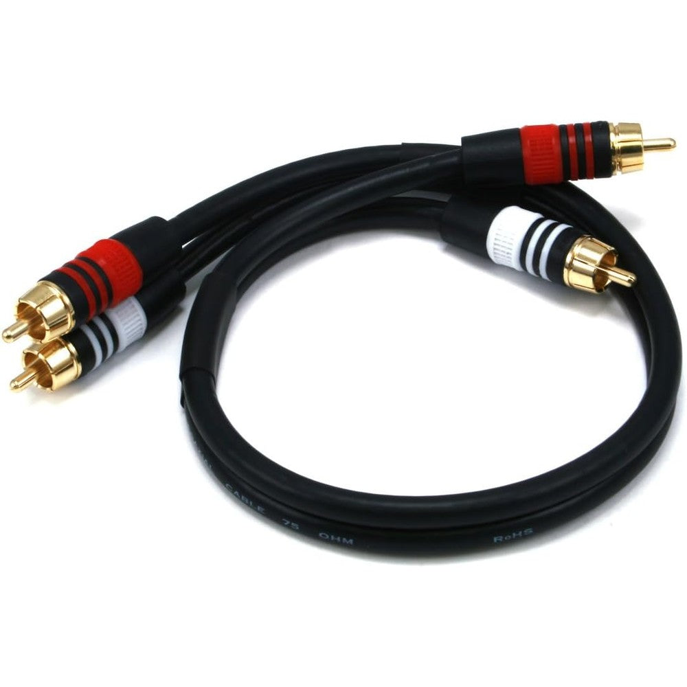 Monoprice Premium 2 RCA male audio cable front view showing gold plated connectors