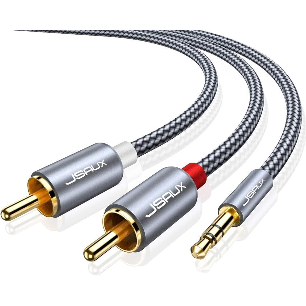 JSAUX RCA to 3.5mm audio cable grey front view showing connectors