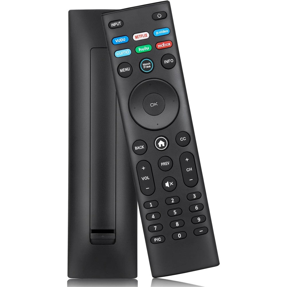 OMAIC Universal VIZIO Smart TV Remote Control Replacement XRT140 front view displaying layout and dedicated streaming application shortcut keys.