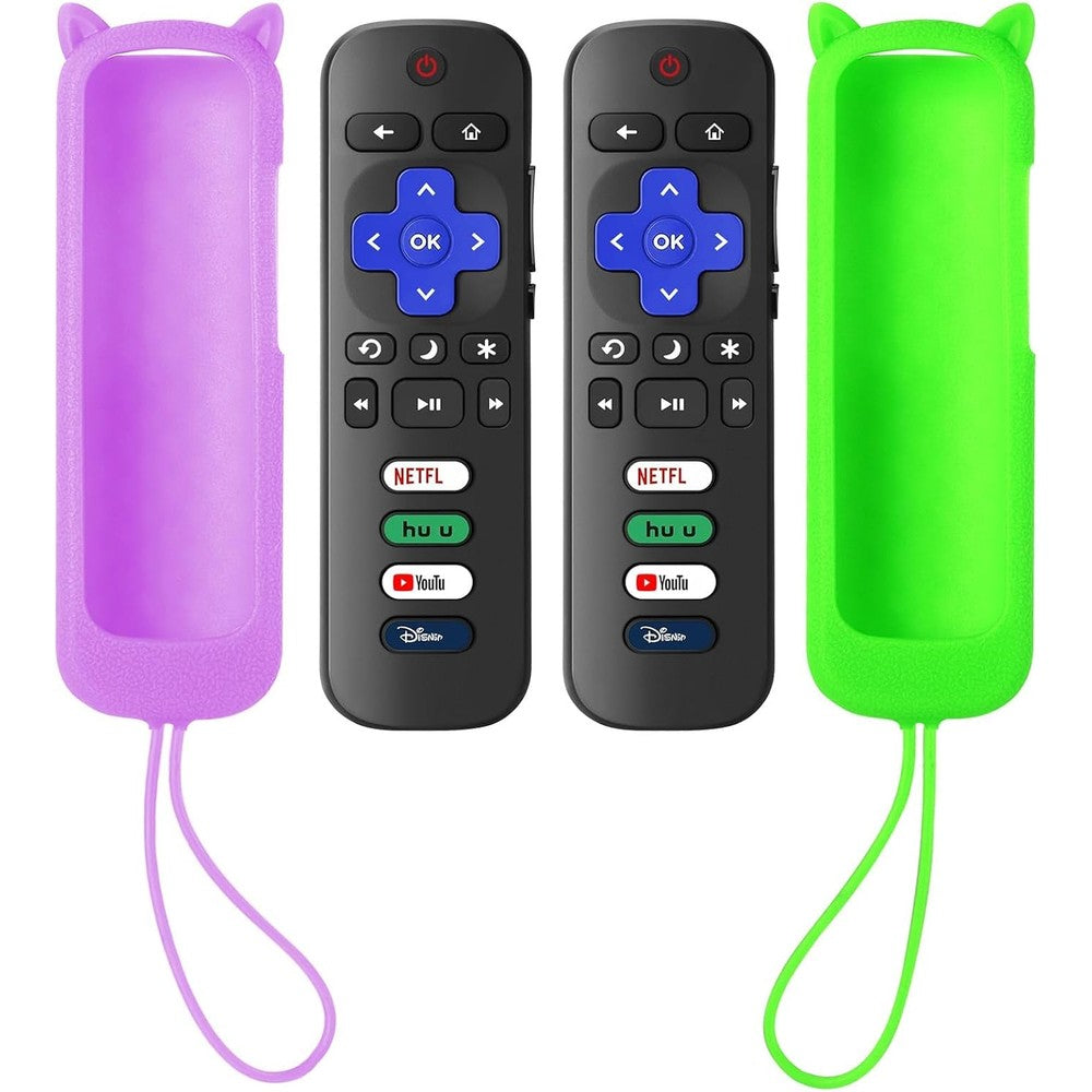SOTATOO replacement remote control for Roku TV front view pack of two with purple and green glowing silicone covers