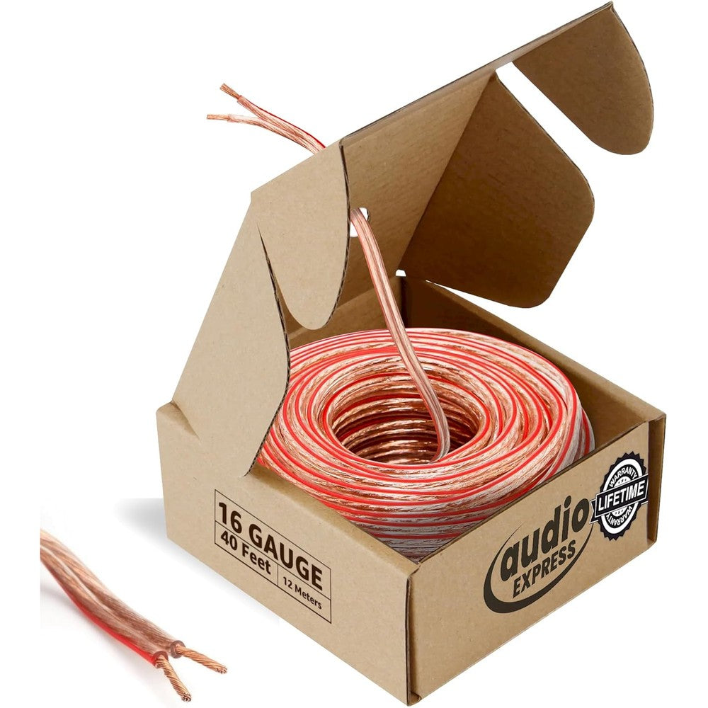 Audio Express 16-gauge speaker wire spool in box front view.