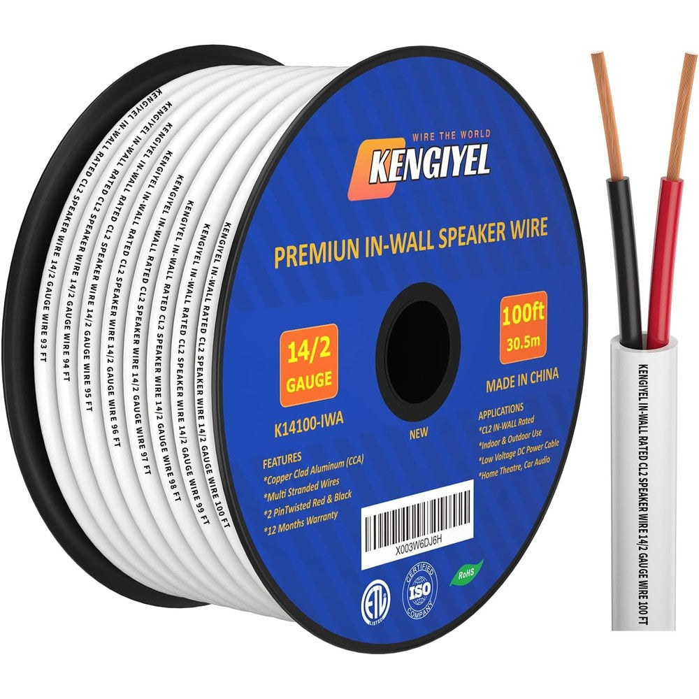 Kengiyel 14 gauge 100ft speaker wire spool front view