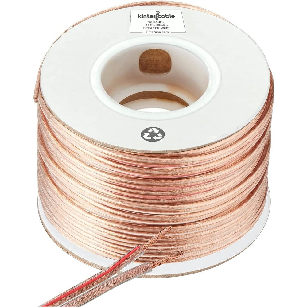Kinter 100 Feet 12 Gauge Audio Stereo Speaker Wire 30.48 Meters Two Conductor Polarity Marked Clear PVC CCA Spool For Home Theater And Car Audio - Image 1