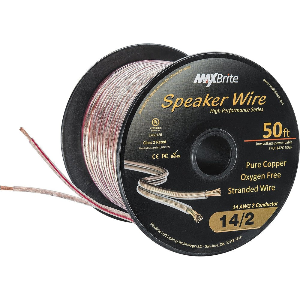 MaxBrite 50 foot 14 gauge speaker wire spool front view