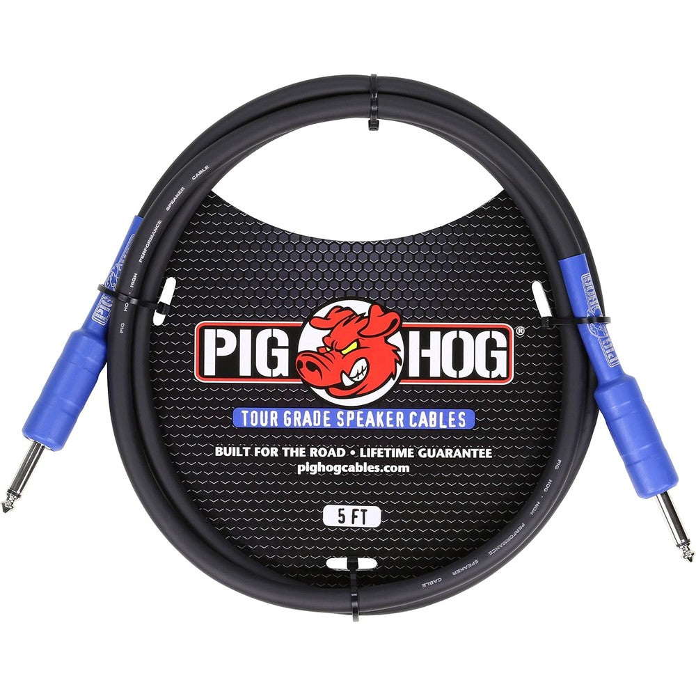 Pig Hog PHSC5 14 Gauge 5 Feet Speaker Cable front view highlighting the heavy duty 1/4 inch connectors and thick black jacket.