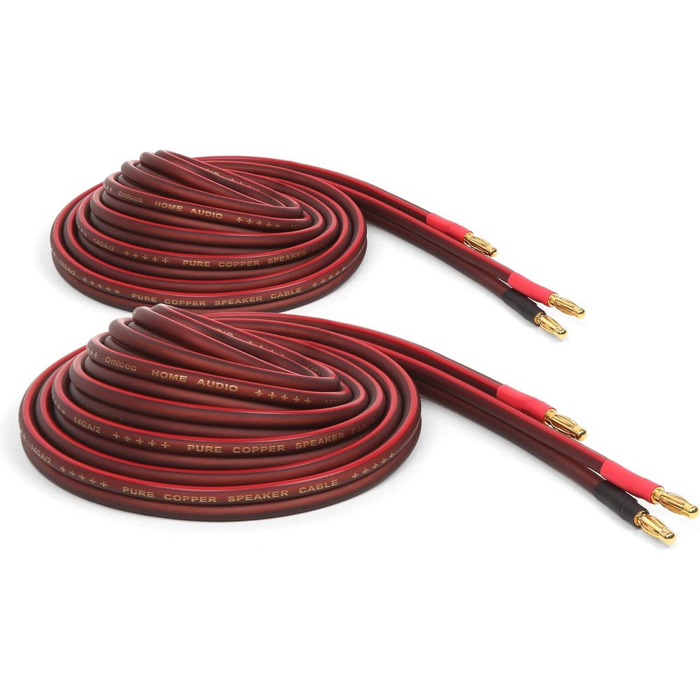 Micca 14 gauge pure copper speaker cables front view with banana plugs
