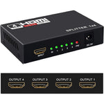 Kgnm HDMI Splitter 1 in 4 out front view showing the power input and single HDMI source port connection layout.