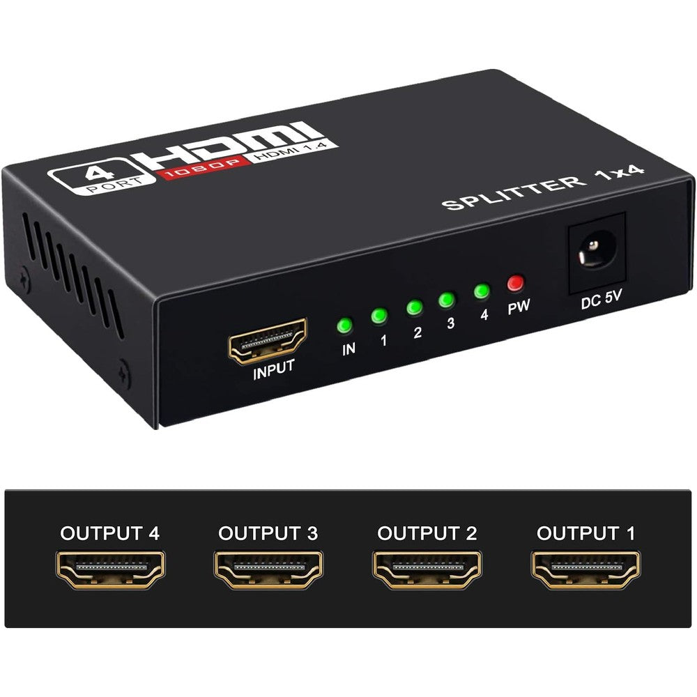 Kgnm HDMI Splitter 1 in 4 out front view showing the power input and single HDMI source port connection layout.