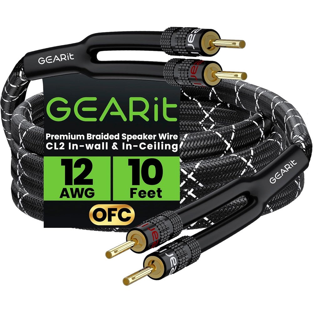 GearIT 12AWG braided speaker cable with gold-plated banana plugs