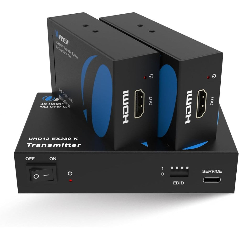Orei 1x2 4K HDMI extender splitter kit showing transmitter and receiver units front view