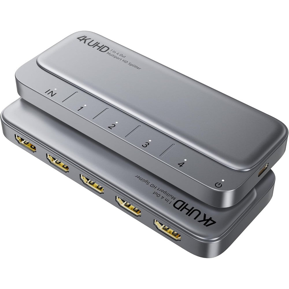 WARRKY 4K HDMI Splitter 1 in 4 out front view showing space grey metal casing